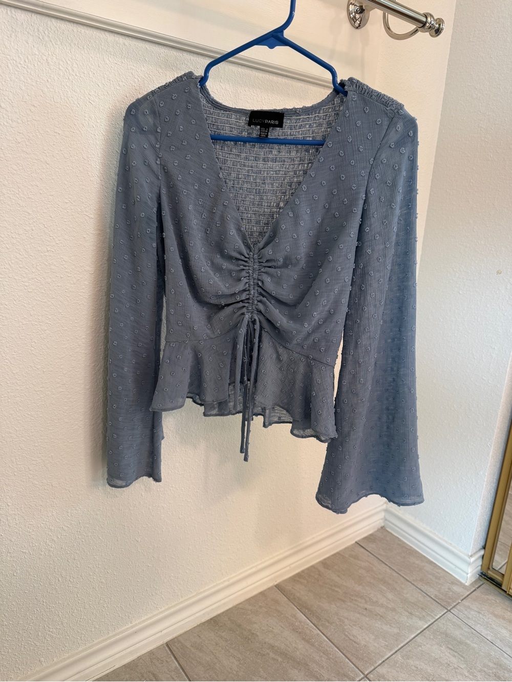 Lucy Paris Dusty Blue Ruched Peplum Long-Sleeve Blouse